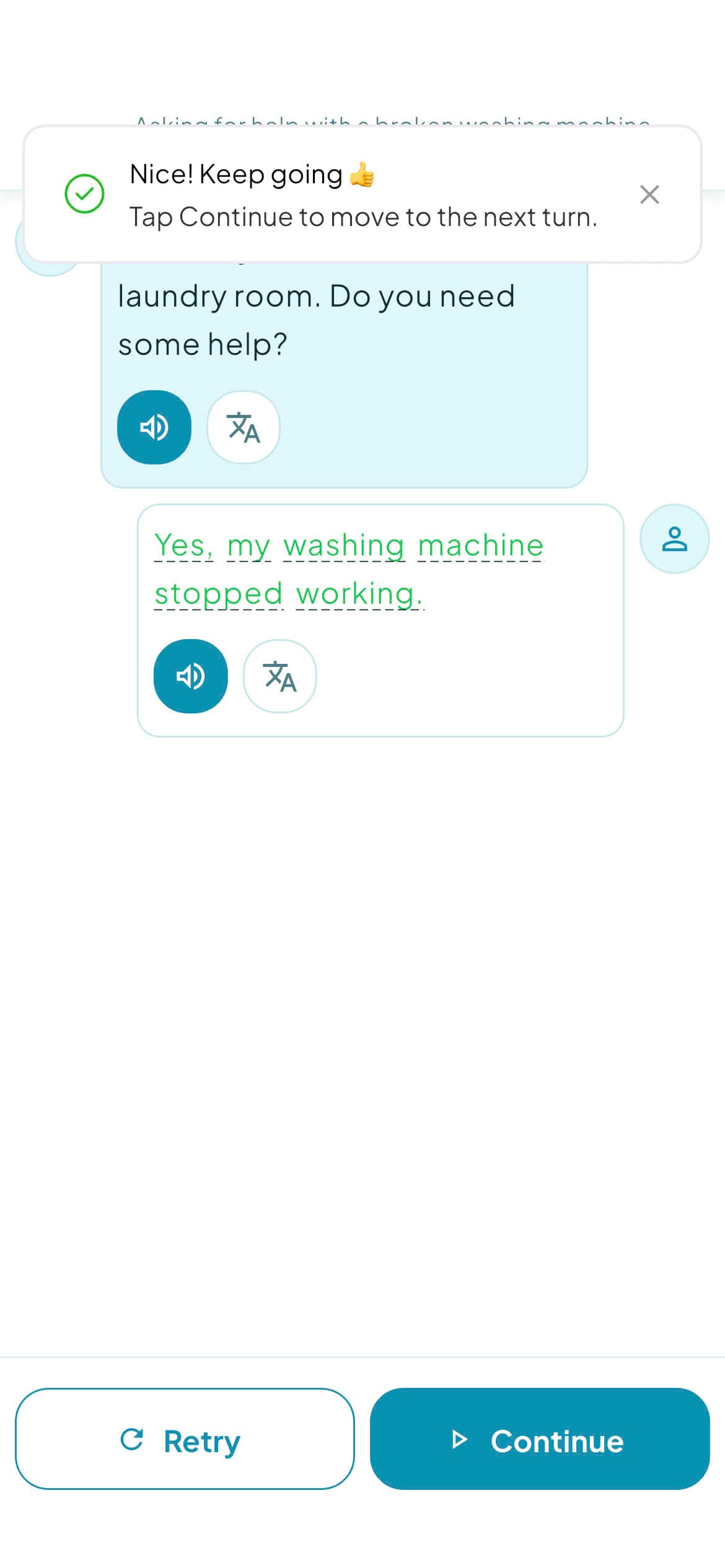 A Zingo conversation screen with tap-to-listen audio on each line