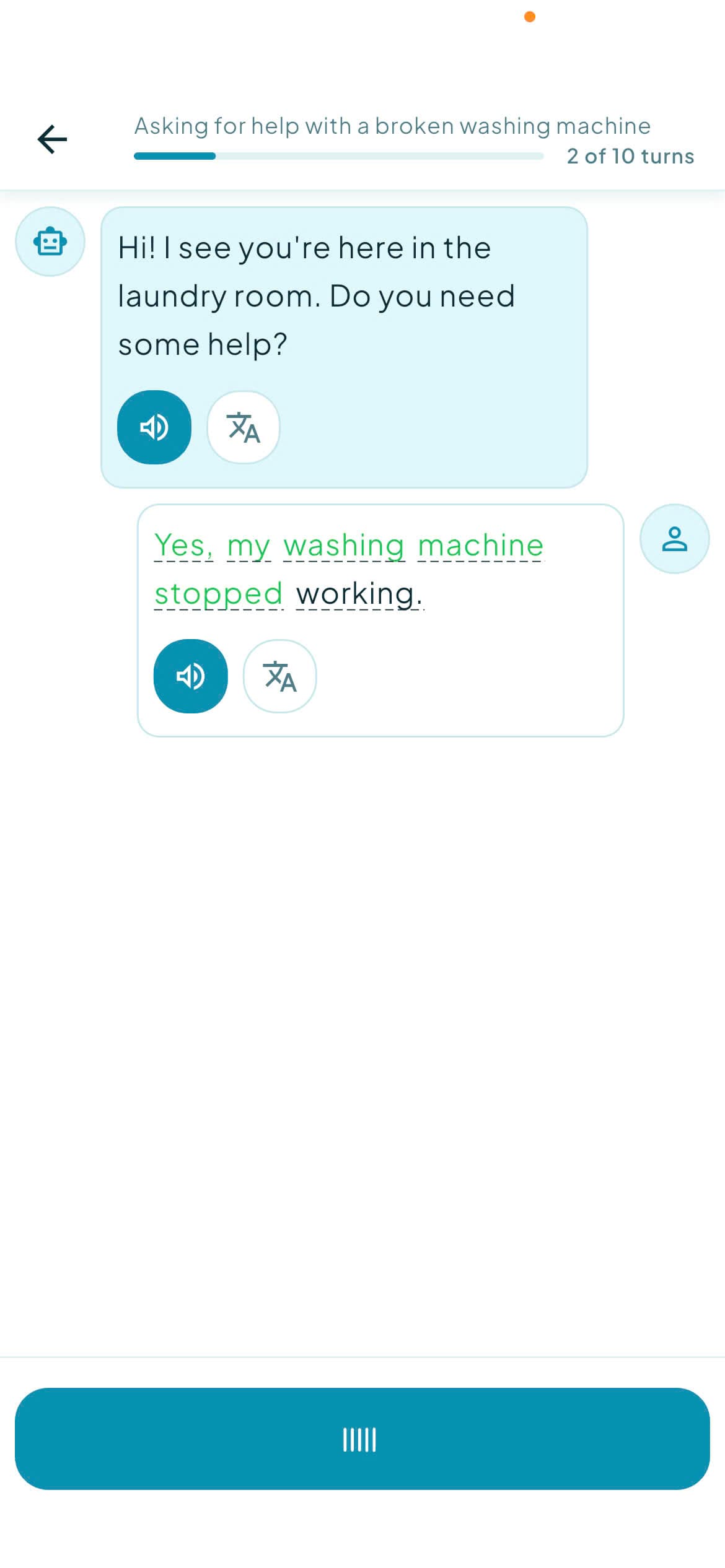A practice conversation screen in the Zingo app