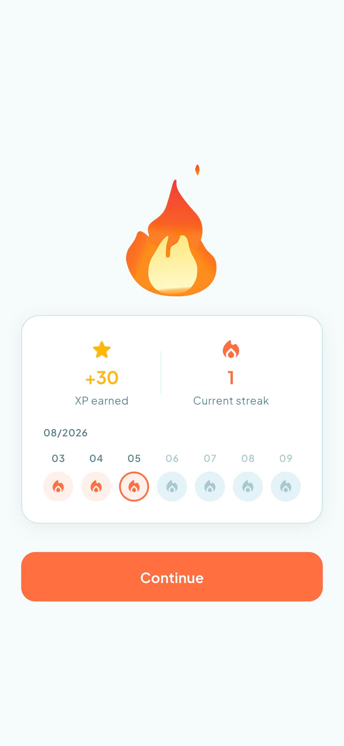 A completed-lesson screen in the Zingo app showing XP earned and a streak calendar